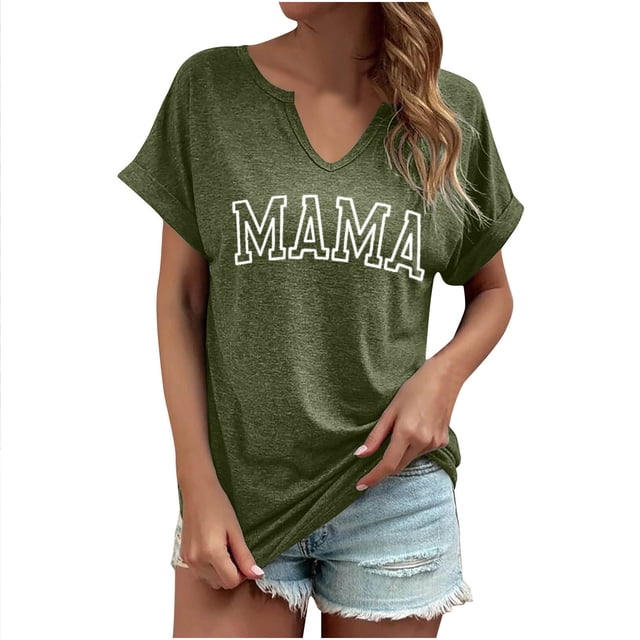 Camisas Penkiiy Mama para mujeres Mama Carta Print Tee Mom Regalo Camisa de manga corta Día de las Madres Tops 2XL Verde