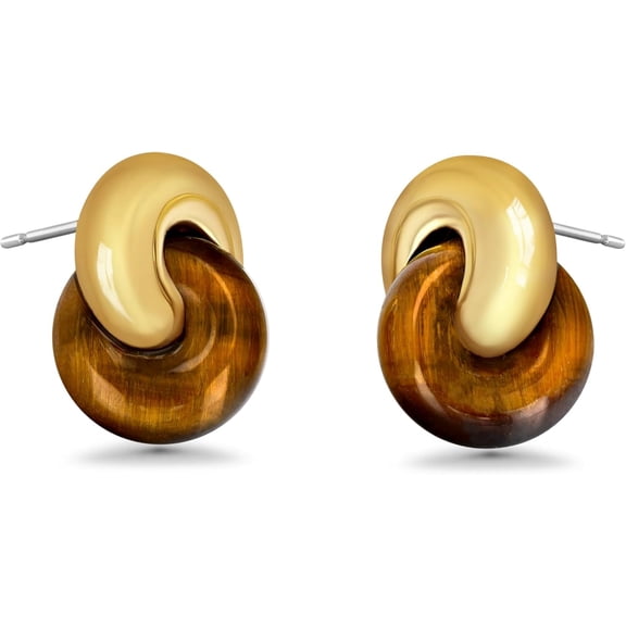 SNGIA 18K Gold Plated Tiger Eye Interlock Stud Earrings for Women, Round Statement Design