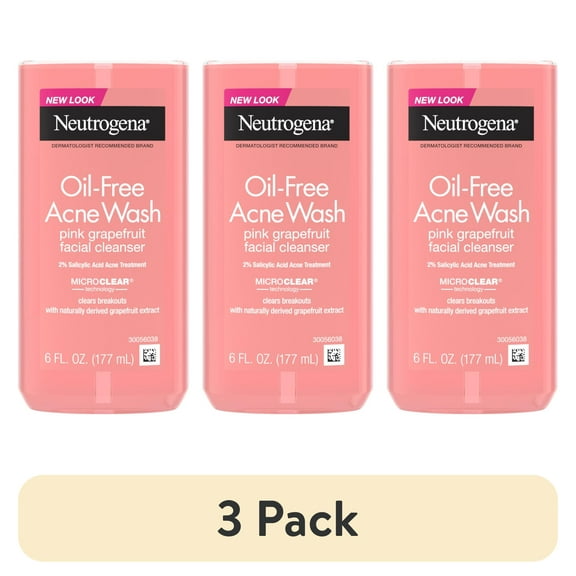 (3 pack) Neutrogena Oil-Free Pink Grapefruit Acne Face Wash, Vitamin C & Salicylic Acid Cleanser, Daily Acne Treatment For Face, Blemish & Blackhead Clearing Facial Cleanser, 6 fl. oz