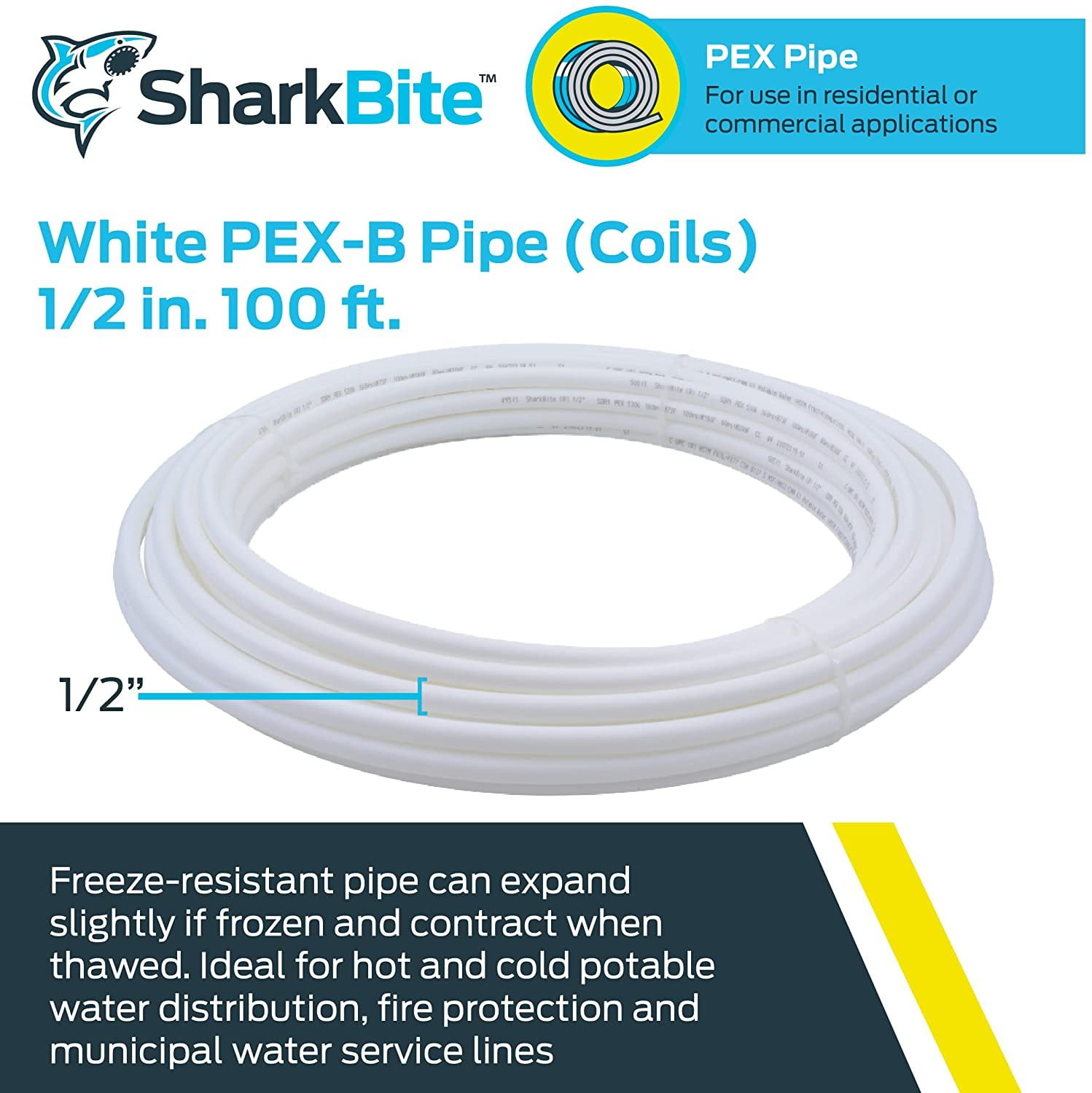 SharkBite U860W100 PEX Pipe 1/2 Inch, White, Flexible Water Pipe Tubing,  Potable Water, Push-to-Connect Plumbing Fittings, 100 Feet Coil of Piping -  Walmart.com