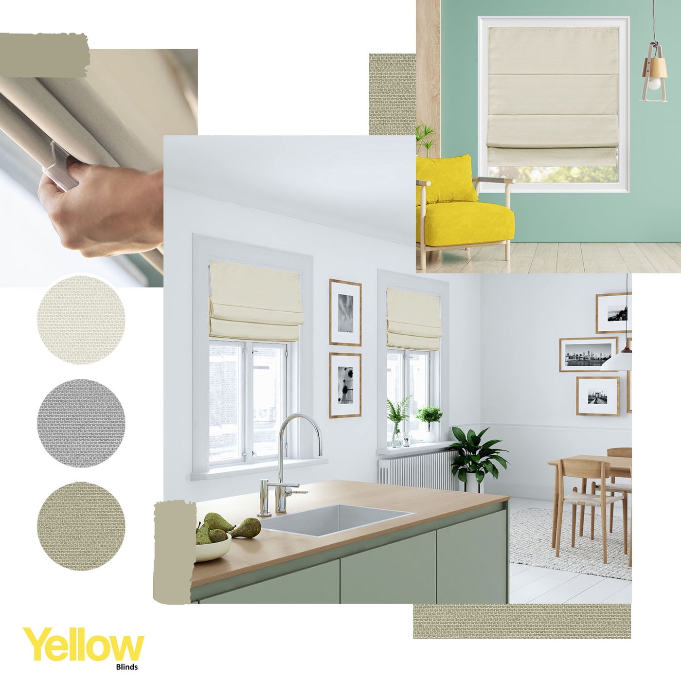 Yellow Blinds Cordless Blackout Roman Shade, Del Mar Moon Shell - 34"W X 64"H