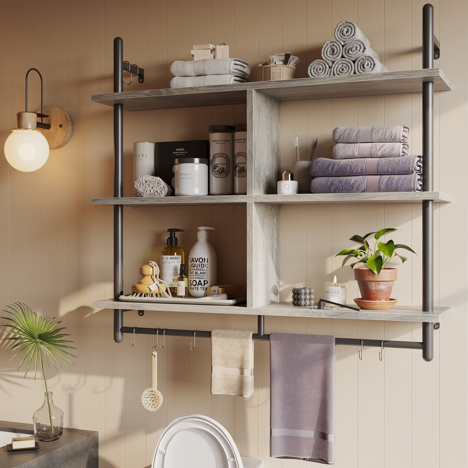 Bestier 41" Industrial Pipe Shelves Wall Mount, 3-Tier Floating Shelves for Kitchen Bedroom Bathroom in Grey