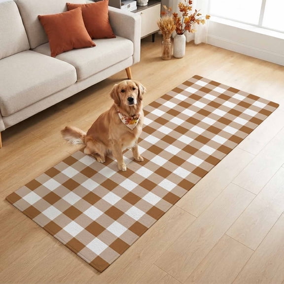 Rectangle Rug 2x6ft, Autumn Brown Plaid Soft Non-Slip Washable Felt Carpet Pad, Minimalist White Check Area Rugs for Living Room Bedroom Kids Room