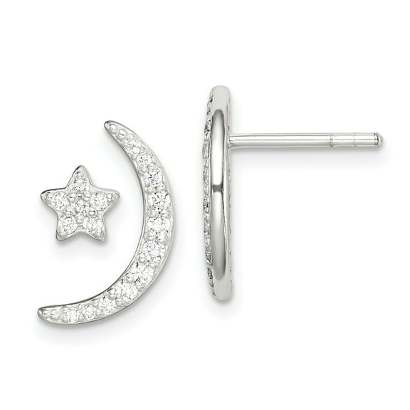 Sterling Silver Cubic Zirconia Moon & Star Stud Earrings