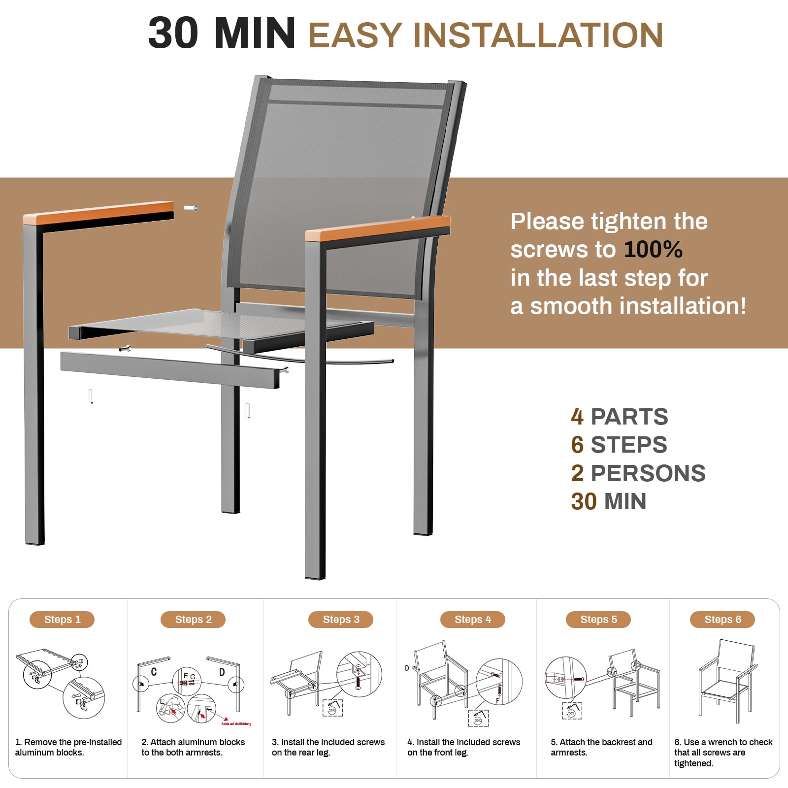 LIFERUN Patio Chairs Set of 6, Stackable Aluminum Dining Chair with Textilene Fabric & WPC Handrail, 17" Seat Height, All Weather Outdoor Chair for Poolside, Balcony, Terrace & Restaurants, Grey