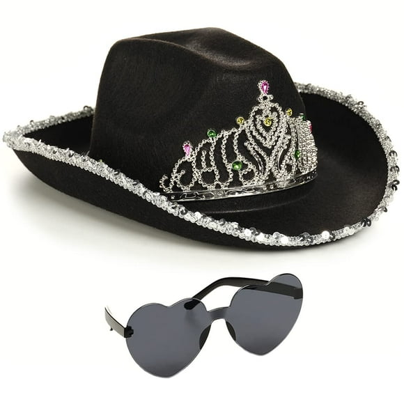 Funcredible Chapeau de Cowboy Noir et Lunettes - Chapeau de Cowgirl Preppy avec Diadème - Chapeau de Cowboy Scintillant - Accessoires de Costume de Cowgirl pour Femmes et Filles