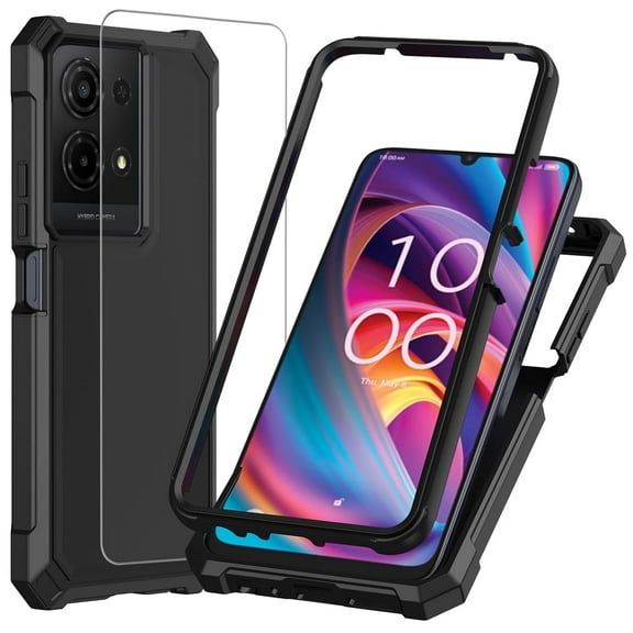 TJS for TCL K32 5G / K33 5G Phone Case, with Tempered Glass Screen Protector, Full Body Protective Heavy Duty Hybrid Bumper Cover (Black)