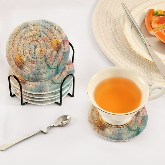 BZSMCE 6Pcs Drink Coasters With Holder 3.94Inch Flowers with Raindrops Creative Coil Coaster Coasters Colors Absorbent Coasters for Drinks Coasters Set Thicken Heat for Home Table