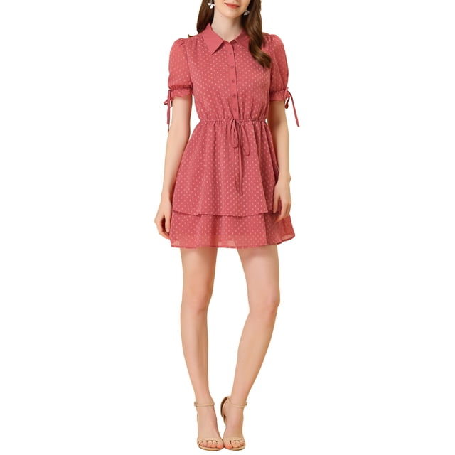 INSPIRE CHIC Women's Dress Peter Pan Collar Ruffle Cuff A-Line Layered Dress XS Watermelon Red