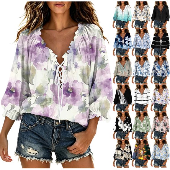 Yertdoel 3/4 Sleeve Tops for Women Summer Fashion Floral Print V Neck Pleated Drawstring Loose Blouse Daily Casual Soft Shirt Tops