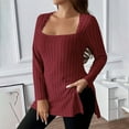 thumbnail image 2 of AherBiu Plus Size Tops for Women Square Neck Long Sleeve Ribble Knitted Side Slit Casual Loose Tunic Shirt Blouse, 2 of 8