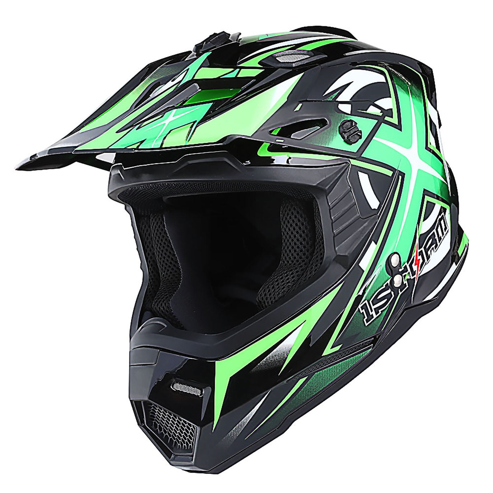 1Storm Adult Motocross Helmet BMX MX ATV Dirt Bike Helmet Racing Style HF801 + Goggle + Gloves Bundle; Sonic Green