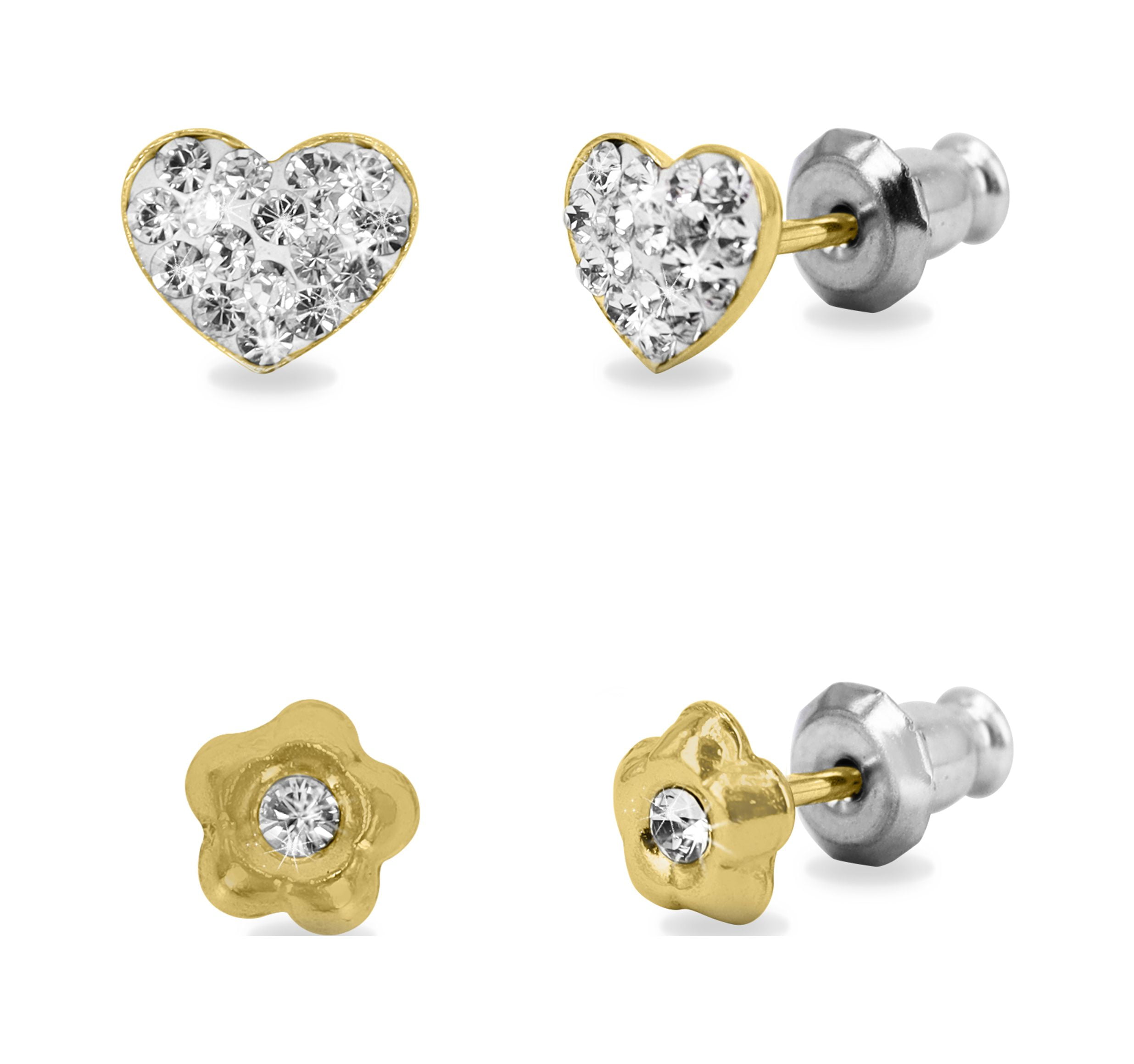 Brilliance Fine Jewelry 10K Gold Filled Crystal Flower and Heart Studs Children Female Earrings Set