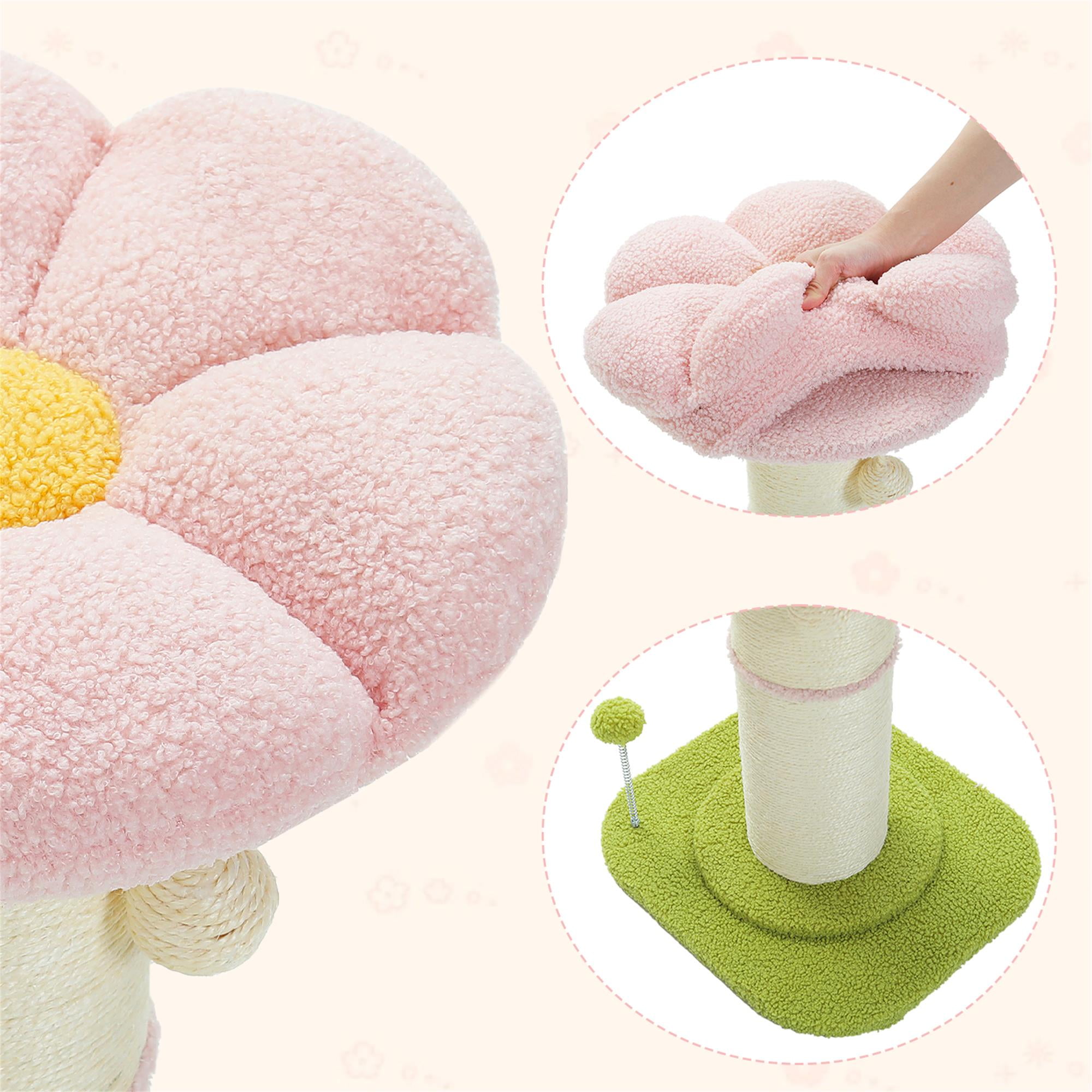 resenkos 23" Flower Cat Scratching Post for Indoor Cats, Small Cat Tree Tower with Perches and Spring Ball for Adult Cats, Pink