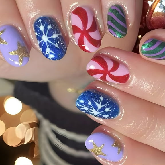 24 Pcs Christmas Press On Nail Short False Nail Glittering Artificial Nail All-matching Full Cover Stick on Nail