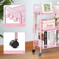 thumbnail image 5 of Slim Mesh Storage Cart 3 Tier, Bathroom Rolling Utility Cart Storage Organizer Slide Out Metal Cart, Mobile Rolling Cart Organizer for Office Bathroom Kitchen Laundry Room Narrow Places, Pink, 5 of 5