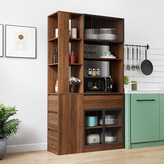 Tall Kitchen Hutch Cabinet with Side-Access Shelves & Drawer Freestanding Pantry Cabinet Large with Glass Door Cupboard for Kitchen, Dining Room with Microwave Countertop Walnut Finish