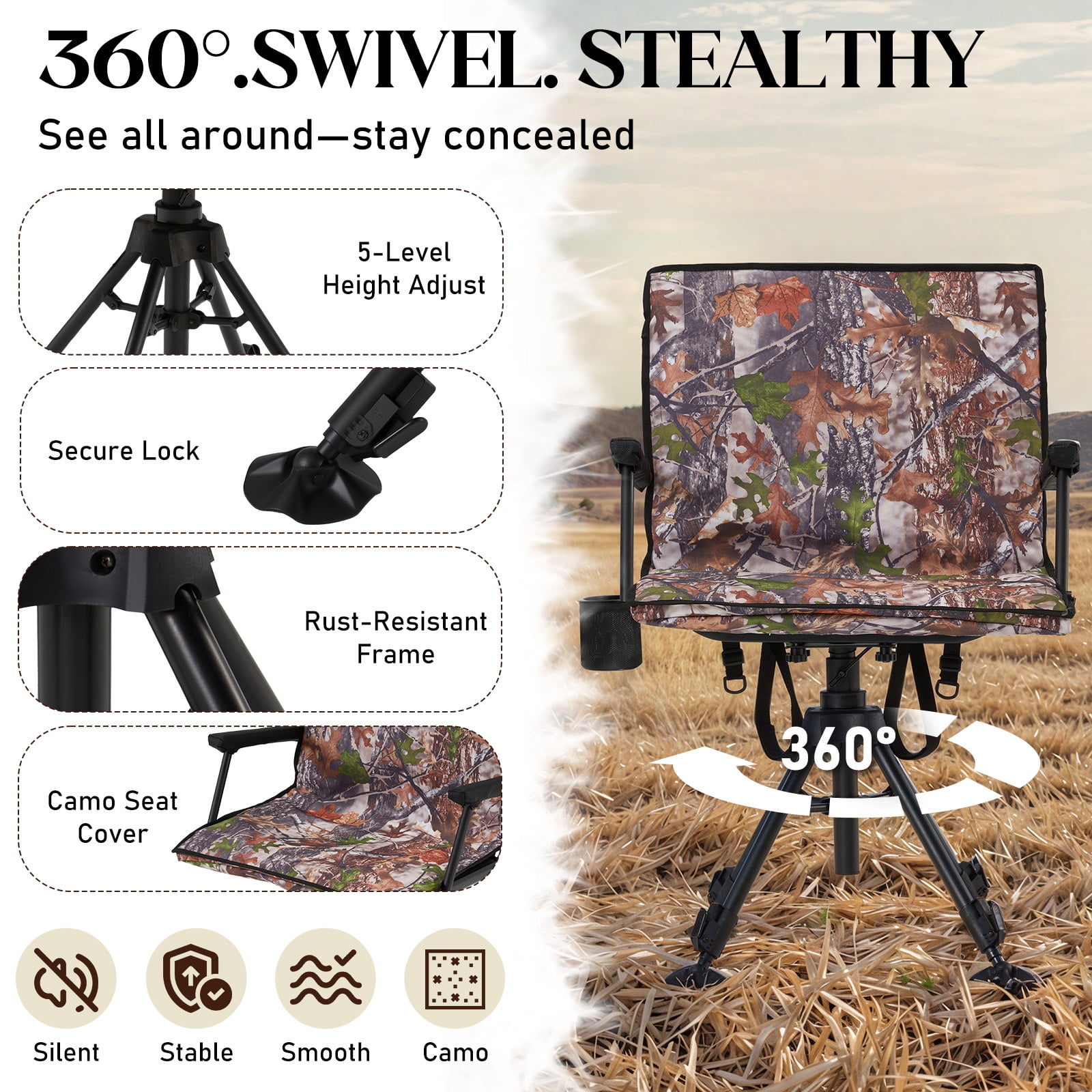Bezliving 360° Silent Camo Hunting Blind Chair, Armrests, Side Pouch, Telescopic Legs