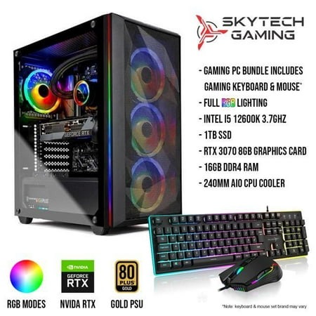 Skytech Chronos Gaming PC Desktop INTEL Core i5 12600K 3.7 GHz, RTX 3070, 1TB NVME SSD, 16G DDR4 3200, 650W GOLD PSU, 240mm AIO, AC Wi-Fi, Windows 11 Home 64-bit