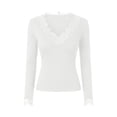 thumbnail image 3 of Fmbrln Women's Lace Trim V Neck Long Sleeve Tops Slim Fit Solid Fashion Daily T Shirt, 3 of 5