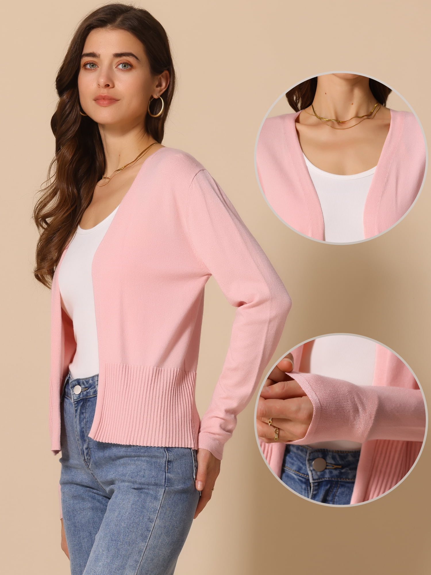 DARING DIVA Women's Open Front Long Sleeve Knit Cropped Cardigan XS Pink
