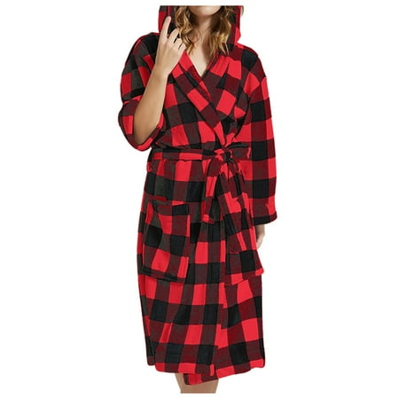 

Womens Pajamas Long Flannel Hooded Bathrobe Plush Long Robe Womens Loungewear Set