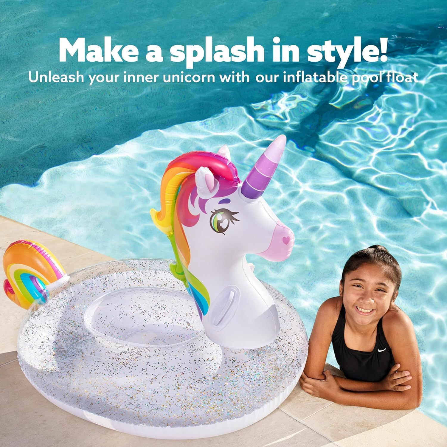 Flotador De Piscina Hinchable GROBRO7 Unicornio Rosa Con Purpurina, Para Niños De 3 A 8 Años, Vinilo Resistente, Diámetro 58 Cm