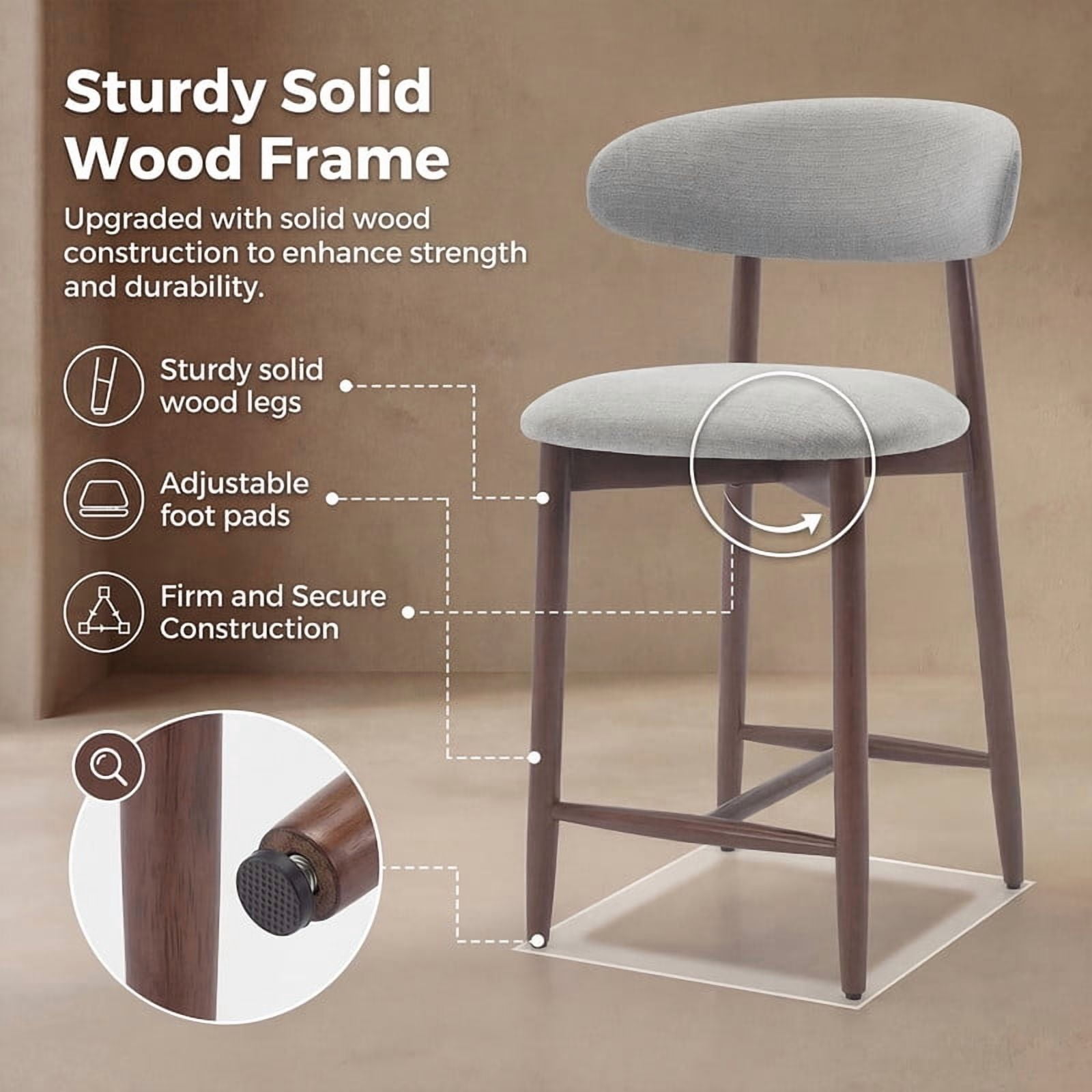 COLAMY Upholstered Counter Height Bar Stools Set of 3, Kitchen Island Stools with Back, Suitable for 34"-41" Table, Modern Counter Chairs with Wood Legs for Dining Room, Light Grey