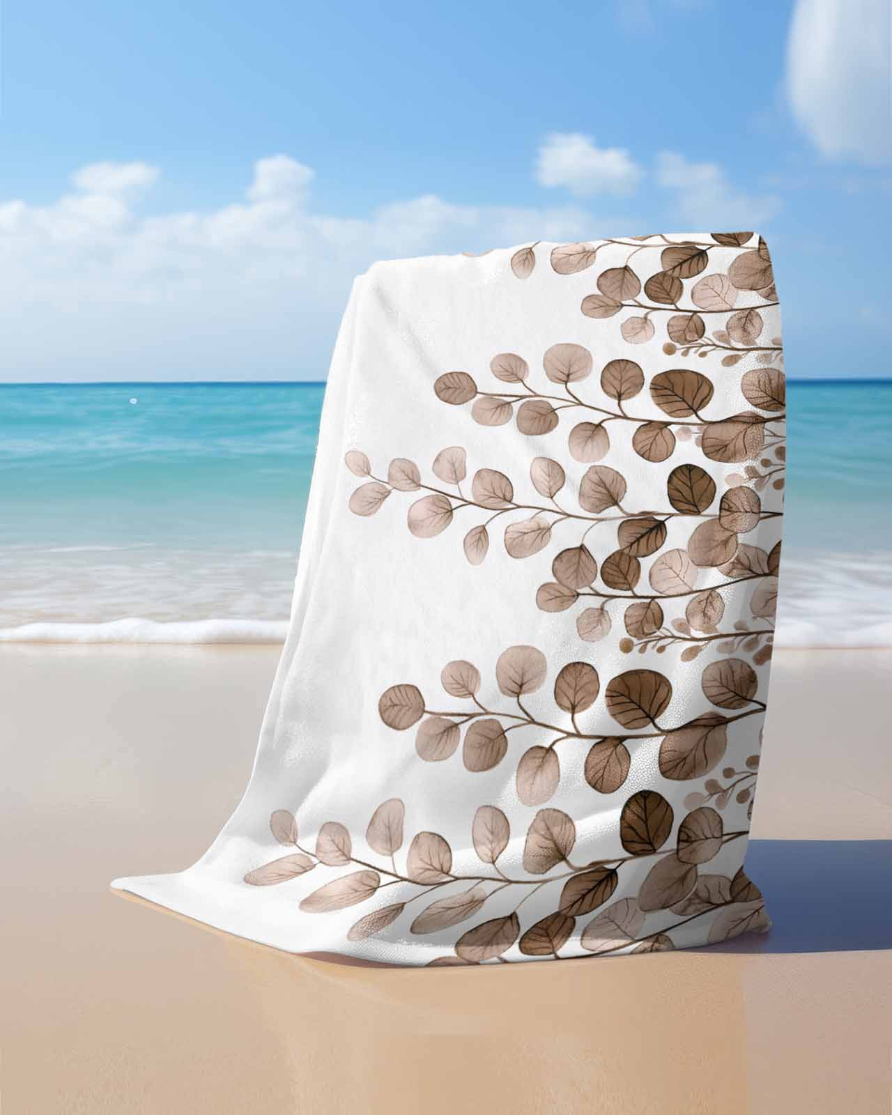 Brown Eucalyptus Leaves Beach Towels Oversized Super Absorbent, Watercolor Floral Leaf Plants Lightweight Bath Towel Quick Dry Sets For Bathroom/Pool/Rv Camping/Beach Play/Gym Room/Picnic 31"x62"