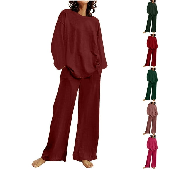 Miluxas Two Piece Sets for Women Summer Solid Casual Outfit Crewneck Long Sleeve Tops High Waist Wide Leg Pants with Pockets Wine XL(XL)