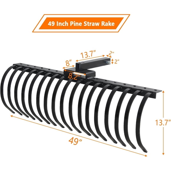 OUYAWEI 49in Tractor Rake 3 Point Landscape 18 Tines Detachable Pine Straw Powder Coated Steel Cat 1 Black