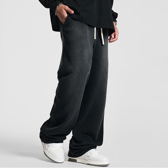 LEISFRE Hip Hop Street Style Men’s Straight Leg Pants – 100% Cotton Washed Distressed Casual Sports Long Pants, Loose Fit
