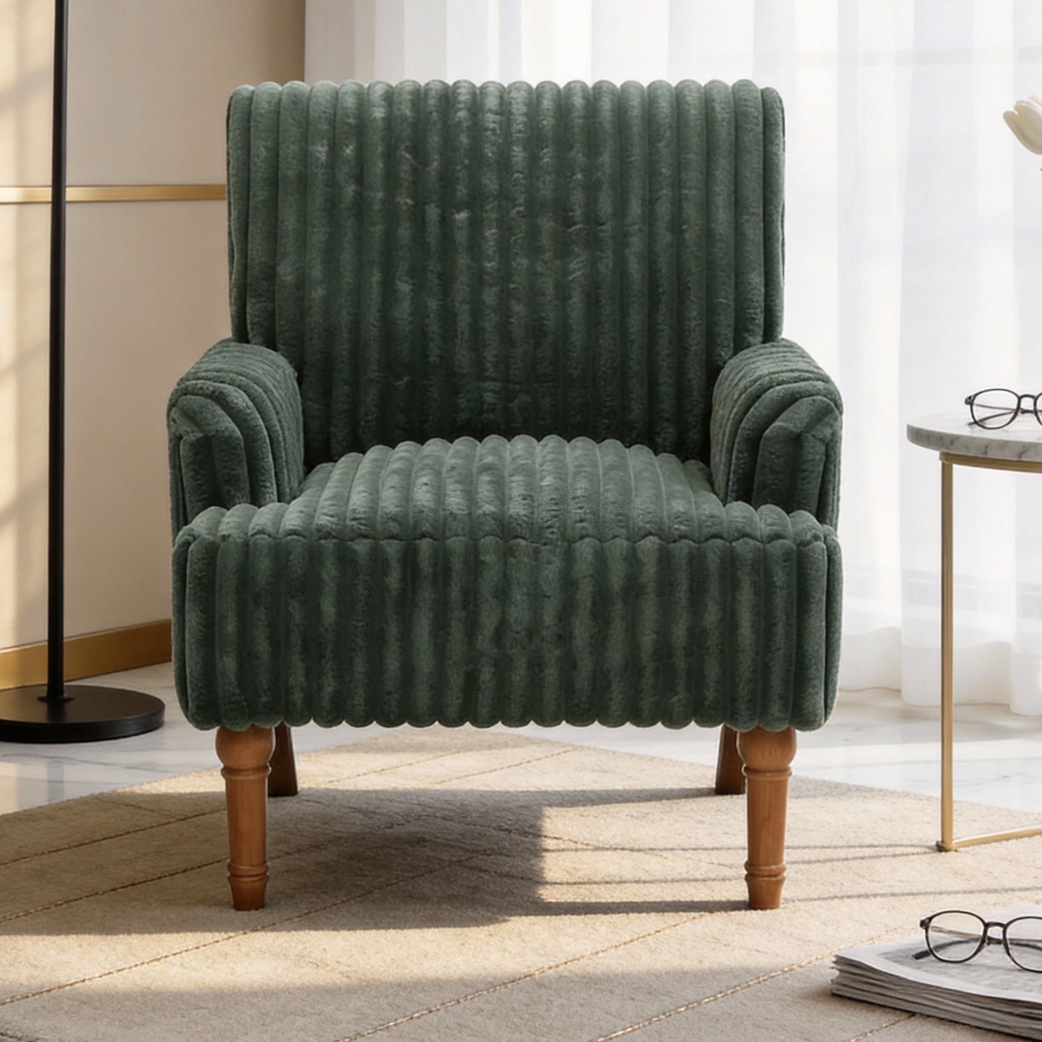 Aukfa Mid Century Corduroy Accent Chair, Wide Wale Upholstered Armchair with 9" Wood Legs for Living Room Bedroom,Green