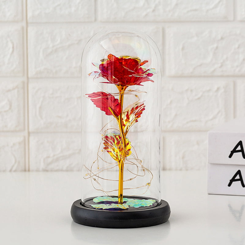 Colorful Forever Rose in Glass Dome with Box and Card Romantic Gift for Her on Valentines Day Mothers Day Anniversary Birthday Christmas Beauty and The Beast Rose with LED Fairy Lights