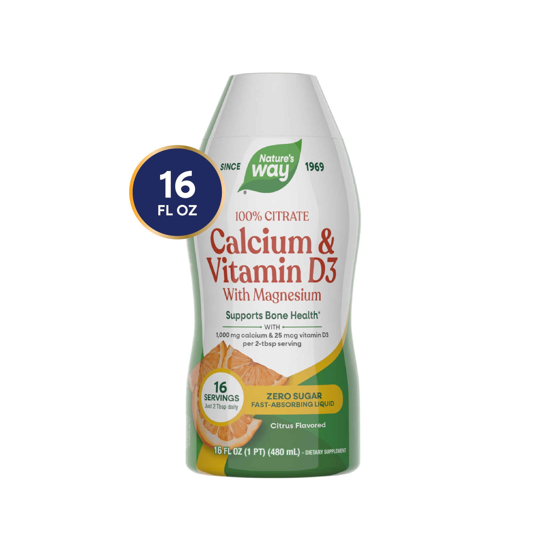 Nature's Way Calcium & Vitamin D3 with Magnesium Liquid, Bone Health*, Citrus Flavored, 16 fl oz