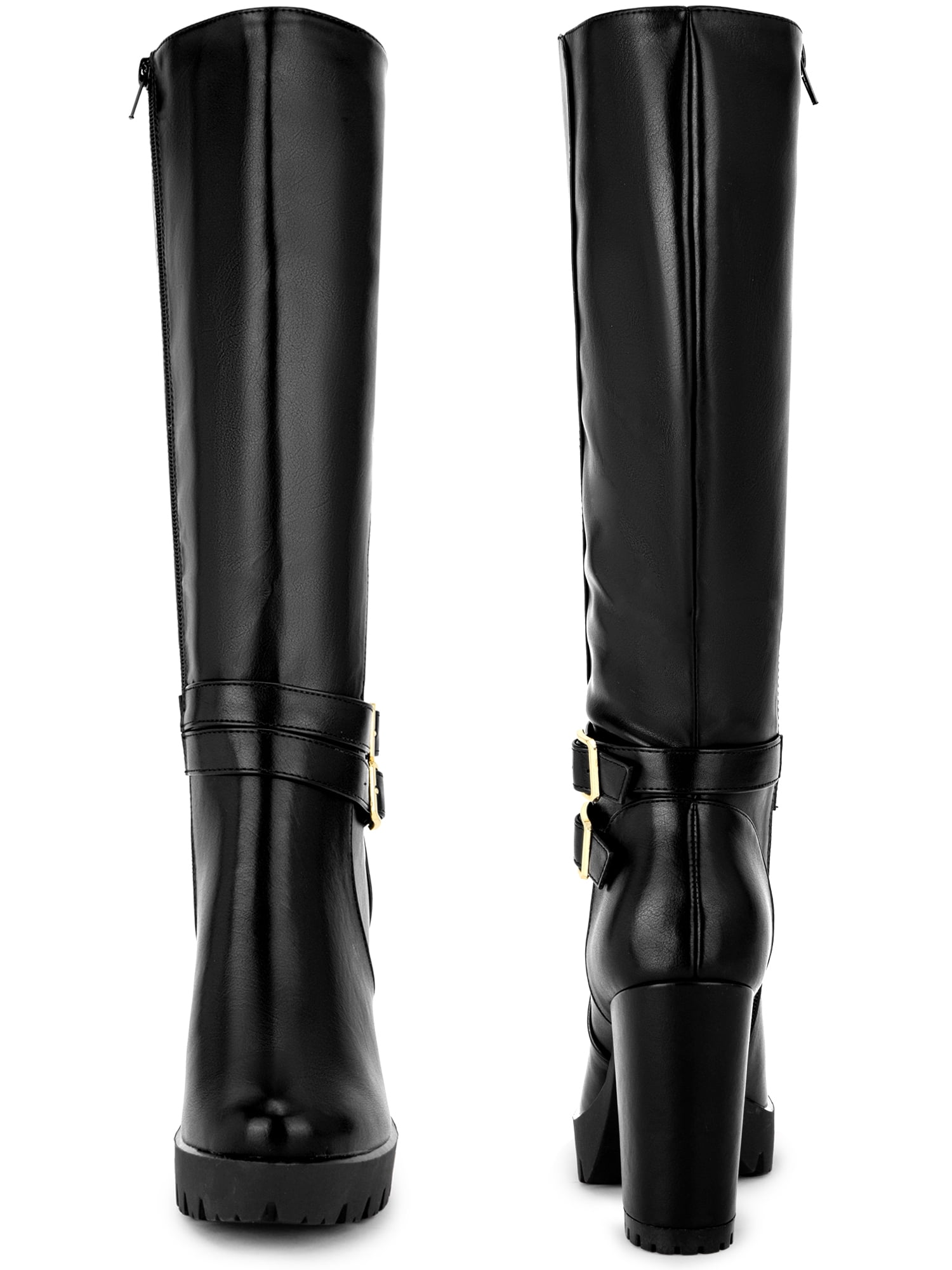 DARING DIVA Women's Round Toe Platform Chunky Heels Knee High Boots Black 8