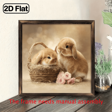 2D Flat, 1pc 8x8inch wooden board painting, Heart Shaped Cute Bunny Rabbits Wooden Hanging Sign Wall Decor for Home Nursery Living Room.