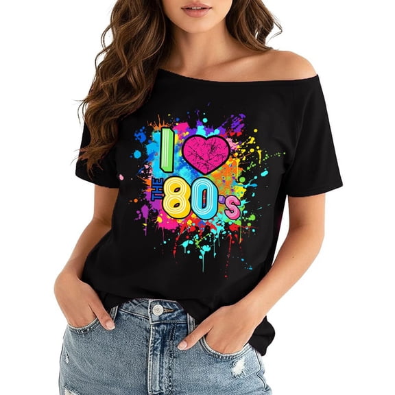 Womens Summer T Shirts 80's Print Tee Boat Neck Short Sleeve Loose Fit Casual Tops