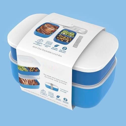 Classic - Adult Bento Box, Stackable 3-Compartment Lunch Box with Removable Utensil Set and Sealing Strap, BPA-Free, Food Container Ideal for Meal Prep, Work, and On the Go (Blue)