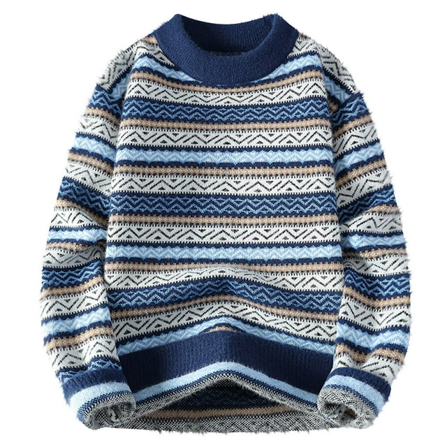 Pisexur Sweaters Men Soft and Comfortable Fall Sweaters Men Casual Printing Round Neck Solid Color Long Sleeve Striped Knit Sweater Blue,XL