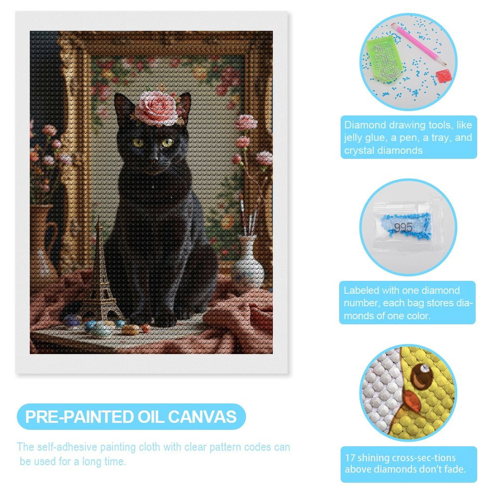 Diamond Art Kits for Adults, Cat With Floral Crown Eiffel Decor 5D Diamond Painting Kits for Adults Beginners, DIY Full Drill Diamond Painting, Gem Art and Crafts 12x16