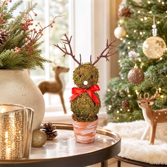Christmas Decorations Plant Reindeer Potted Topiary Figurine Winter Forest Design Ornament With Distressed Pot For Xmas Home Shelf Mantel Decoration