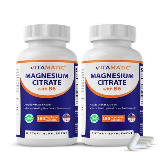 Vitamatic Magnesium Citrate 500mg per Serving - 180 Vegetarian Capsules (Provides 150 mg of Elemental Magnesium) - Added B6 for Maximum Absorption - Supports Muscle, Joint, and Heart Health* - 2 Pack