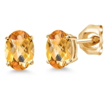 Gem Stone King 14K Yellow Gold Yellow Citrine Double Notch Stud Earrings | 1.45 Cttw | Gemstone November Birthstone | Oval Checkerboard 7X5MM | Gold Earrings for Women Men