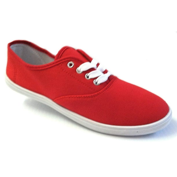 red colour canvas shoes
