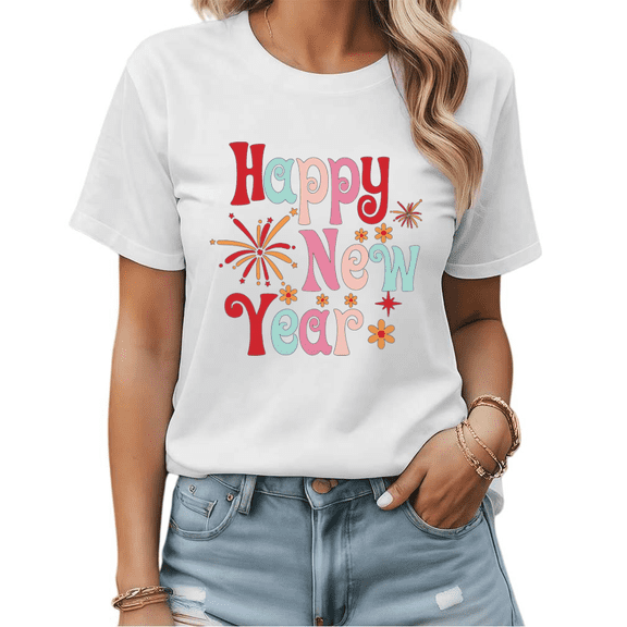 Retro Groovy Happy New Year Graphic Tees Womans T shirt Black/White S-5XL Shirts Festive Holiday Tops