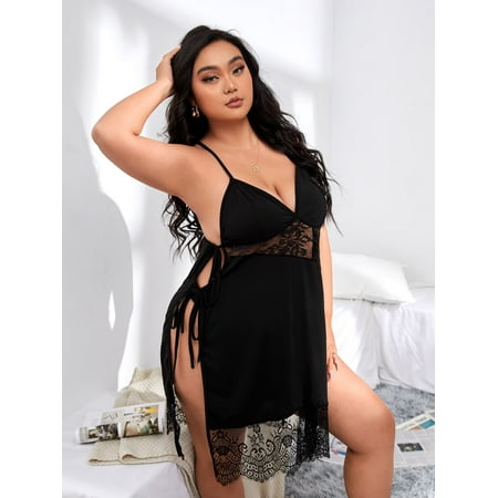 

Black Sexy Women s Plus Eyelash Lace Panel Knot Side High Split Night Dress Without Panty 4XL(20) Y22001D