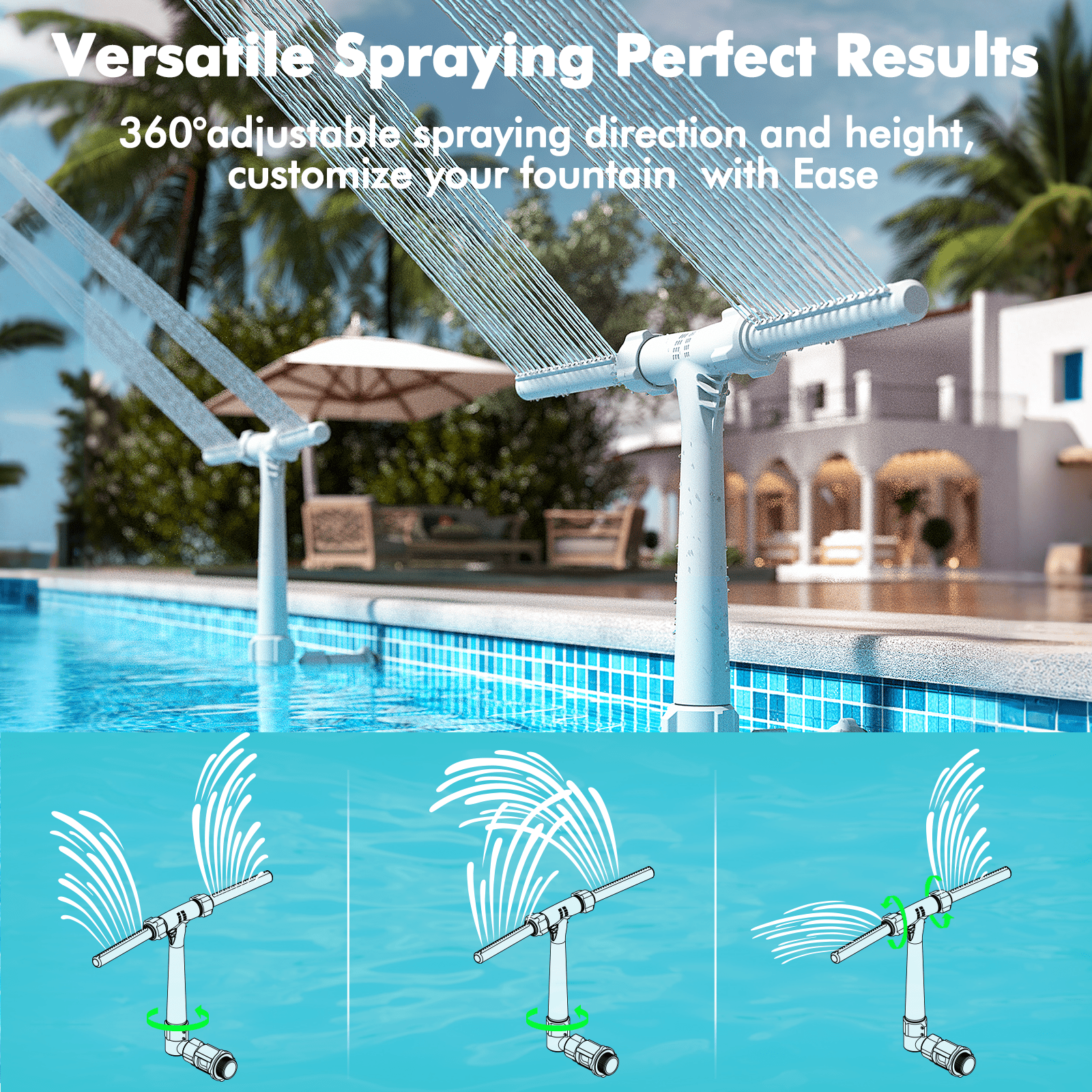 POOLHACKER Pool Fountain for Above Ground & Inground Pools, Dual-Jet Adjustable Waterfall Spray Head, 360° Direction, Fits 1.5" & 1.25" Fittings