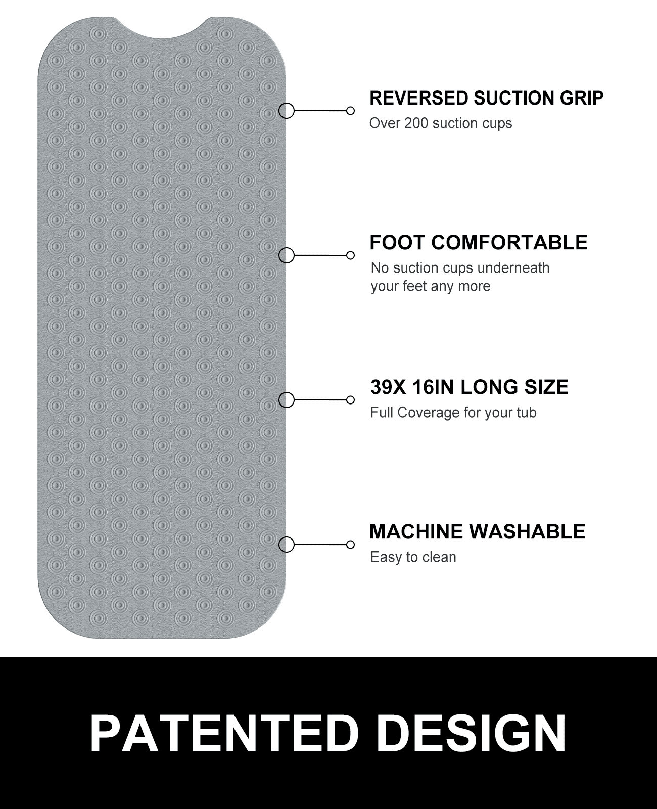 OTHWAY No Suction Cup Bath Mat: 39x16inch Extra Long Bathmat, Machine Washable, Made of Nature Rubber, Protect Your Bathtub (Dark Gray)
