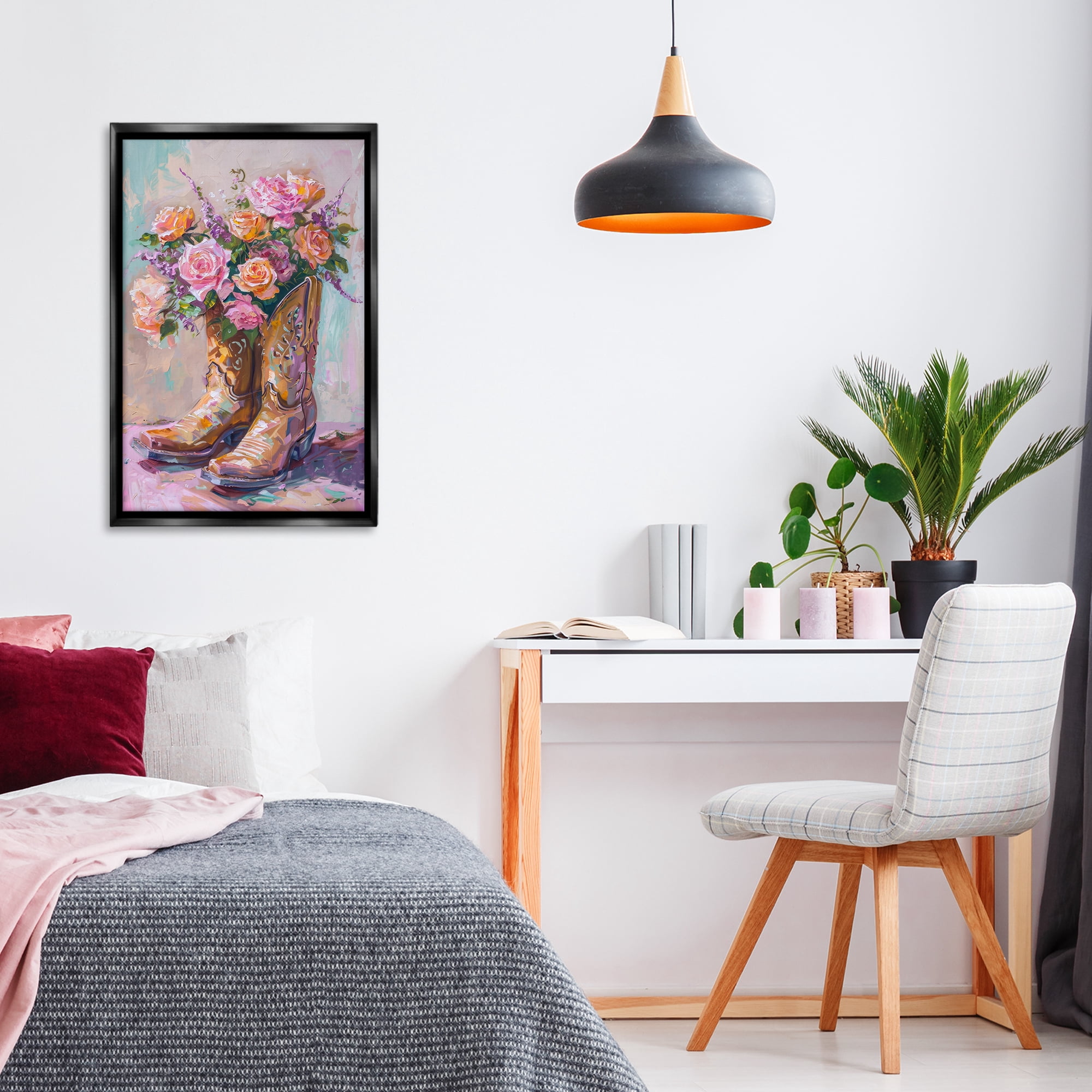 Stupell Industries Floral Boots Bouquet Plants & Flowers Painting Black Floater Framed Canvas Art Print Wall Art, 21 x 31